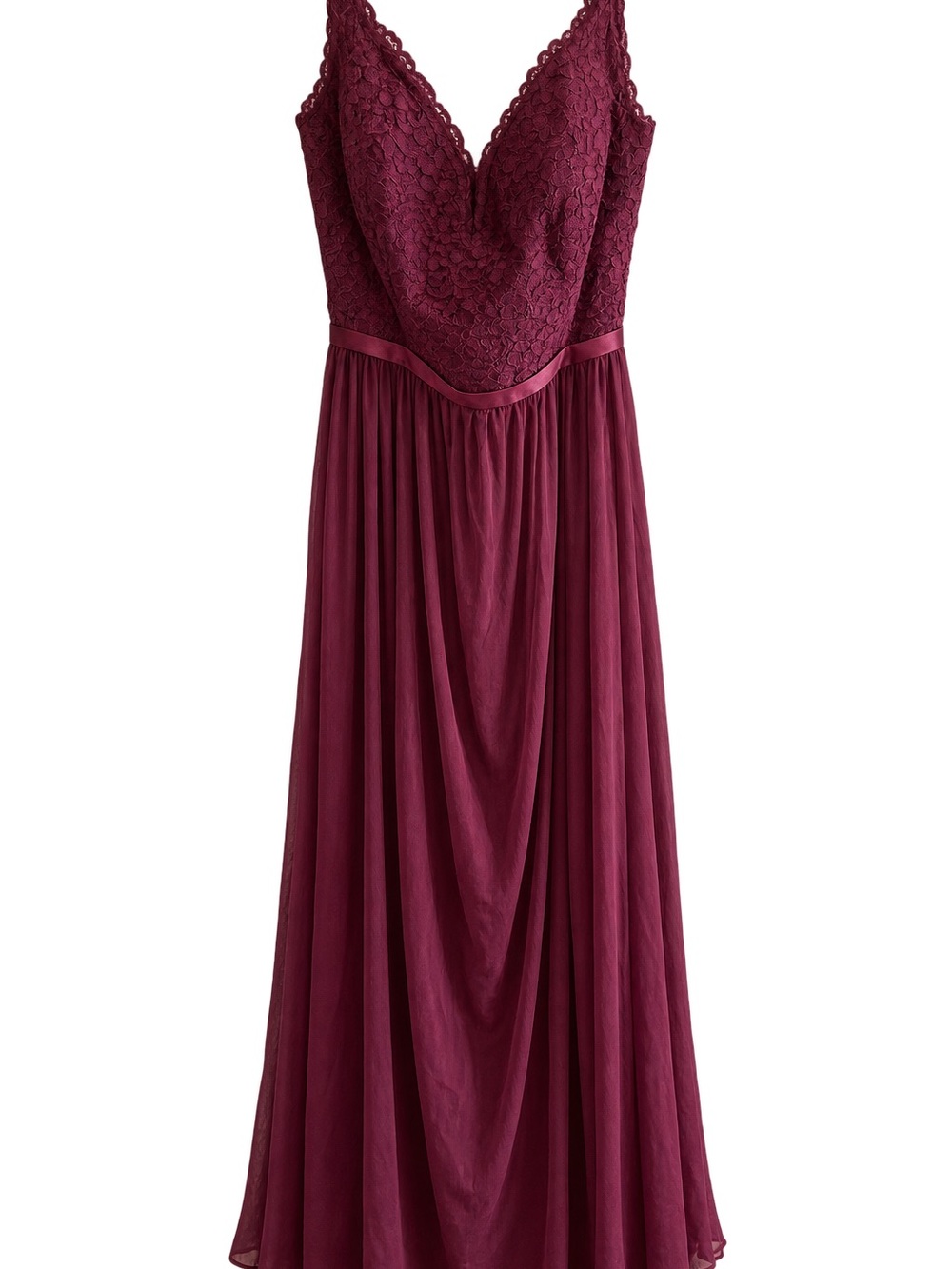 David's Bridal Burgundy Lace Bodice Chiffon Maxi Dress